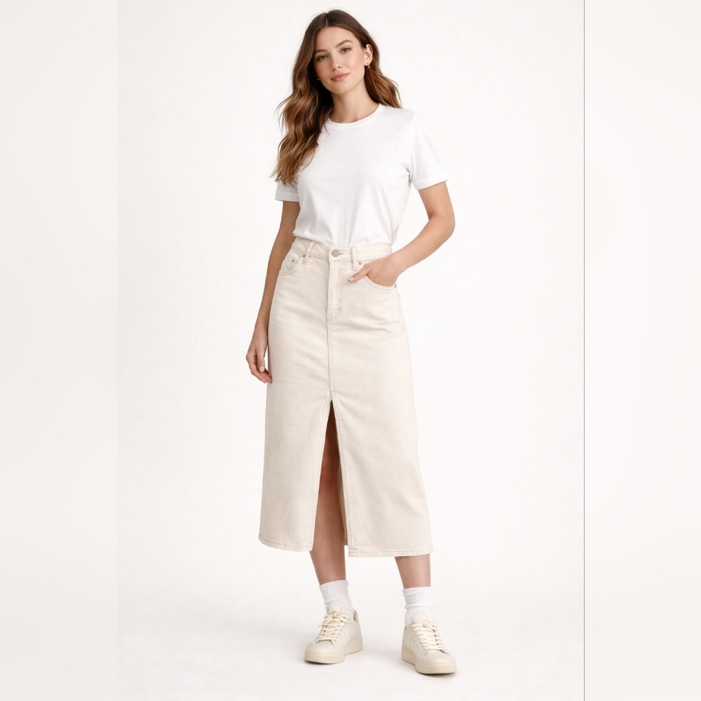 OAT New York Cream Denim Midi Skirt With Slit And Pockets 6 NWT